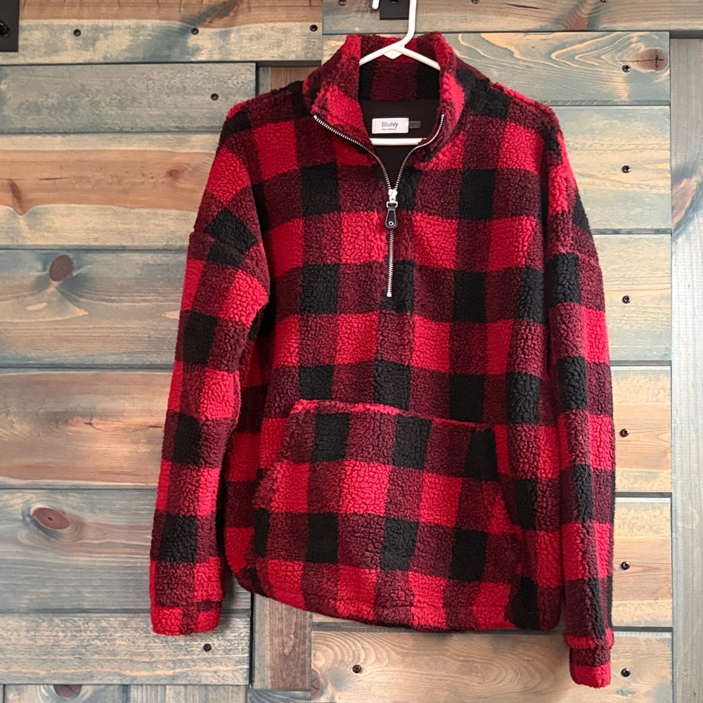 Bluivy Red & Black Buffalo Plaid Sherpa Quarter-Zip